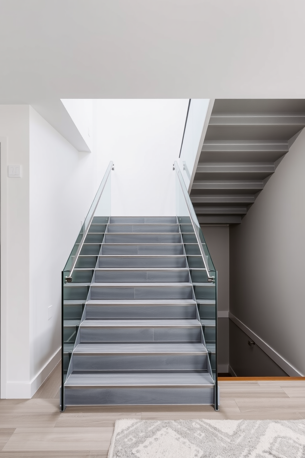 A modern gray carpeted staircase features sleek white railings that complement the overall aesthetic. Natural light floods the space through a large window, highlighting the soft texture of the carpet and the clean lines of the railing. The staircase is adorned with minimalistic wall art, adding a touch of sophistication to the design. Potted plants are strategically placed at the base, bringing a refreshing element of nature into the interior.