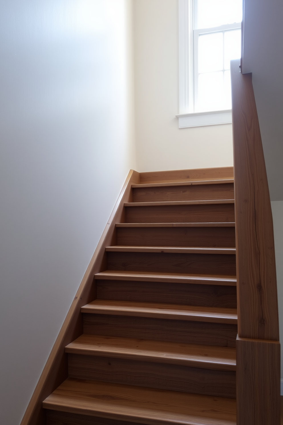 A rustic gray staircase made from reclaimed wood features wide treads and a sturdy banister. Natural light filters through a nearby window, highlighting the unique grain and texture of the wood.