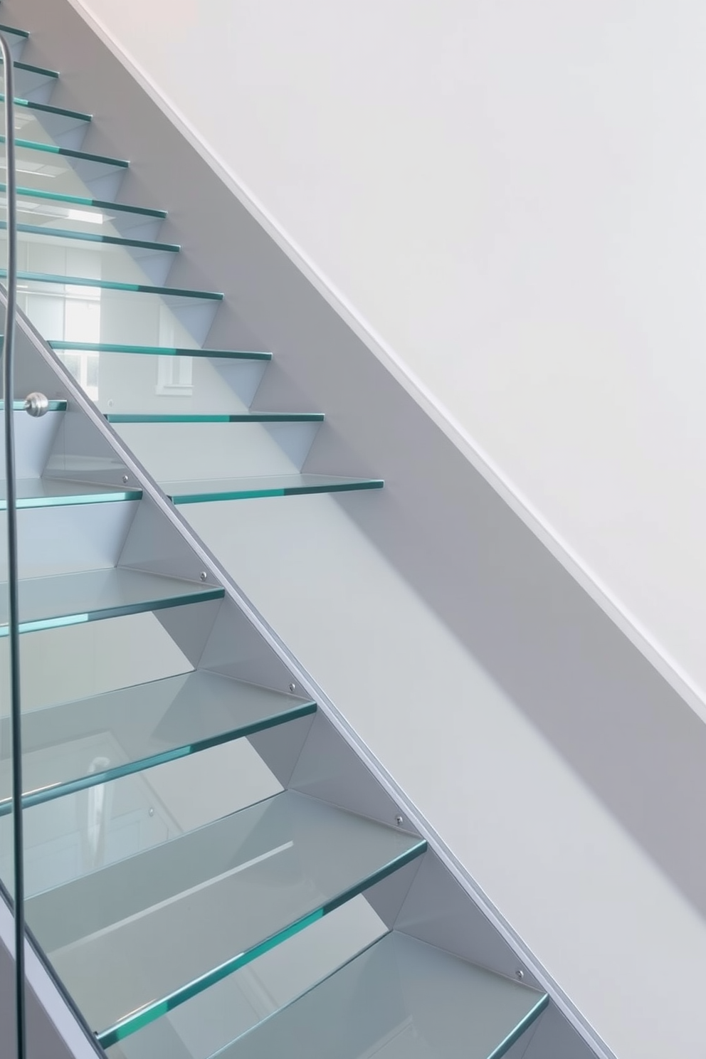 A contemporary gray staircase features sleek glass treads that create an airy and modern feel. The railing is minimalistic with stainless steel accents, enhancing the clean lines of the design.