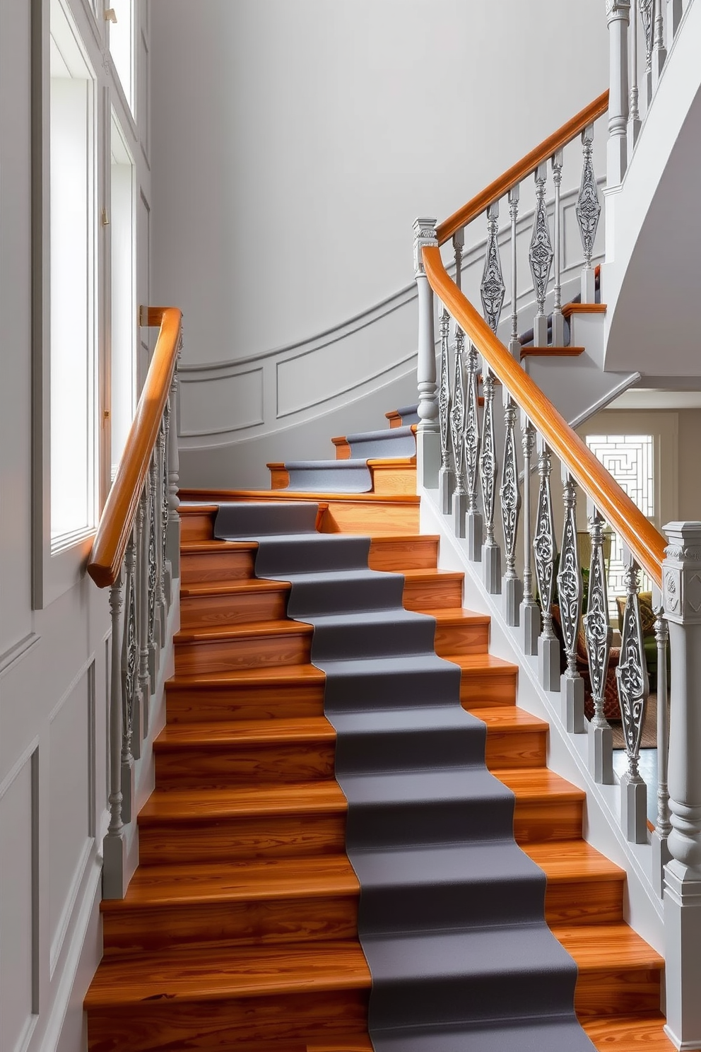 Elegant gray staircase with ornate balusters. The staircase features a sleek gray runner that contrasts beautifully with the polished wooden steps.