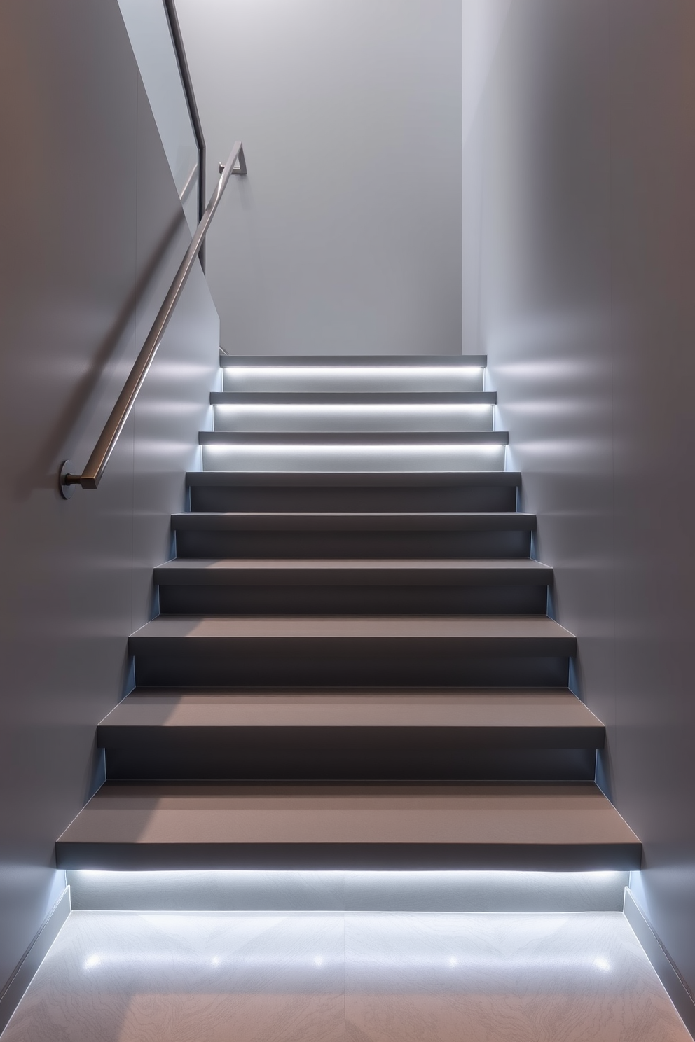 Industrial gray stairs with exposed beams create a striking focal point in any space. The raw texture of the materials complements modern decor while adding a touch of urban sophistication. The staircase features a minimalist design with sleek metal railings that enhance its contemporary appeal. Soft lighting illuminates the steps, highlighting the unique architectural details and inviting a warm ambiance.