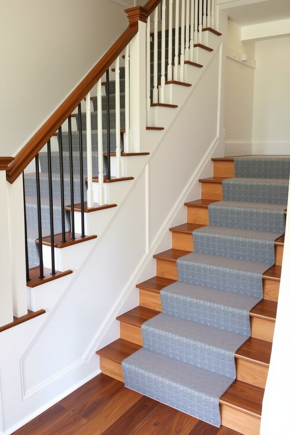 Soft gray stairs lead gracefully to a bright landing filled with natural light. The walls are painted in a crisp white, enhancing the openness of the space and creating a serene atmosphere.