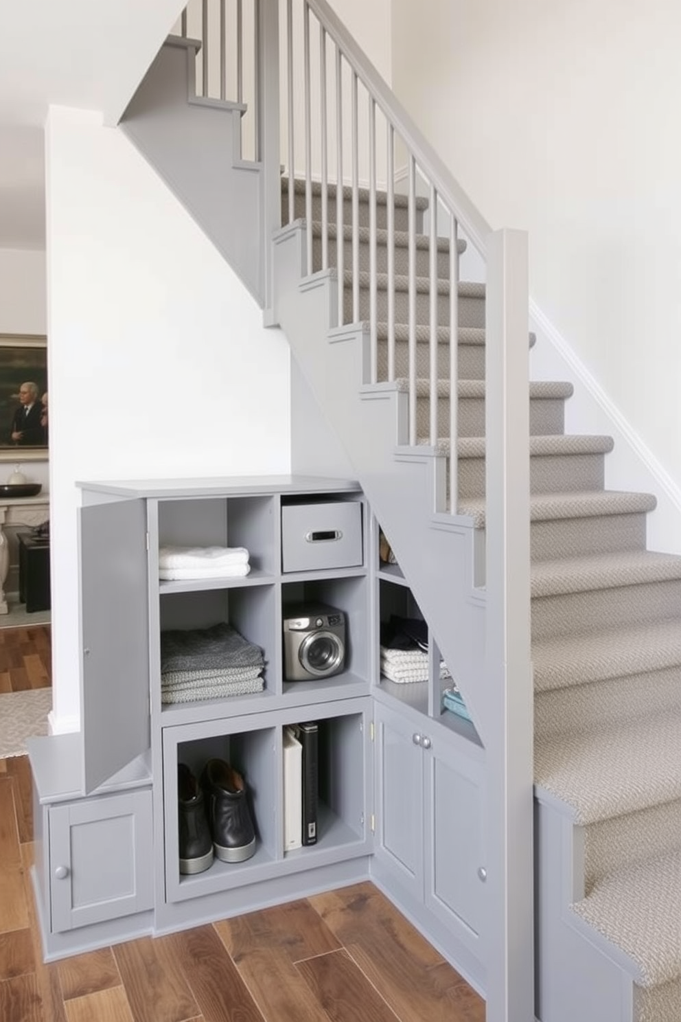 L-shaped gray staircase with storage underneath. The staircase features sleek gray steps and a modern railing, seamlessly integrating functional storage solutions beneath each section.