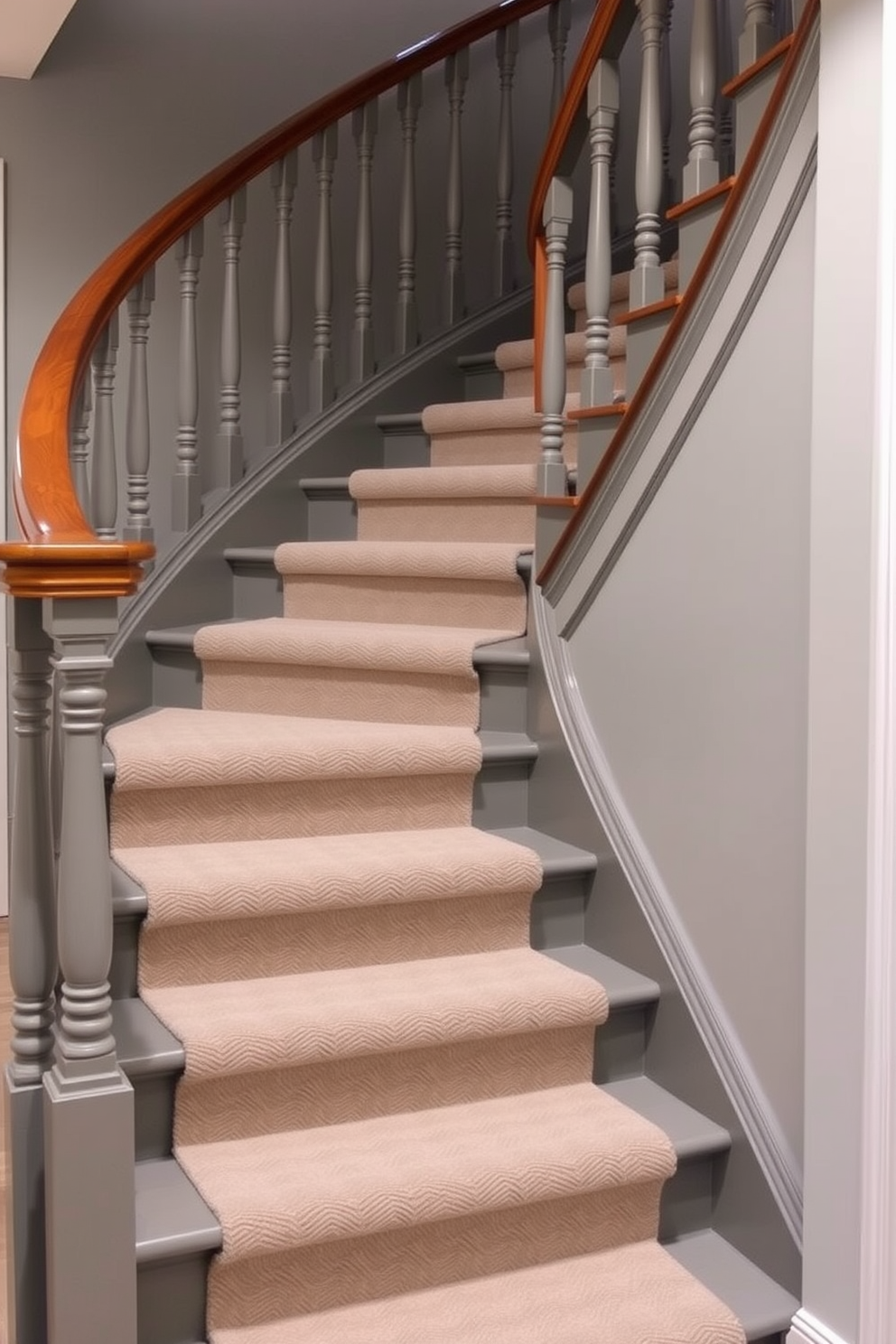 A classic gray staircase features traditional wooden railings that elegantly curve along the ascent. The steps are adorned with a plush runner in a subtle pattern, enhancing the overall warmth and inviting ambiance of the space.