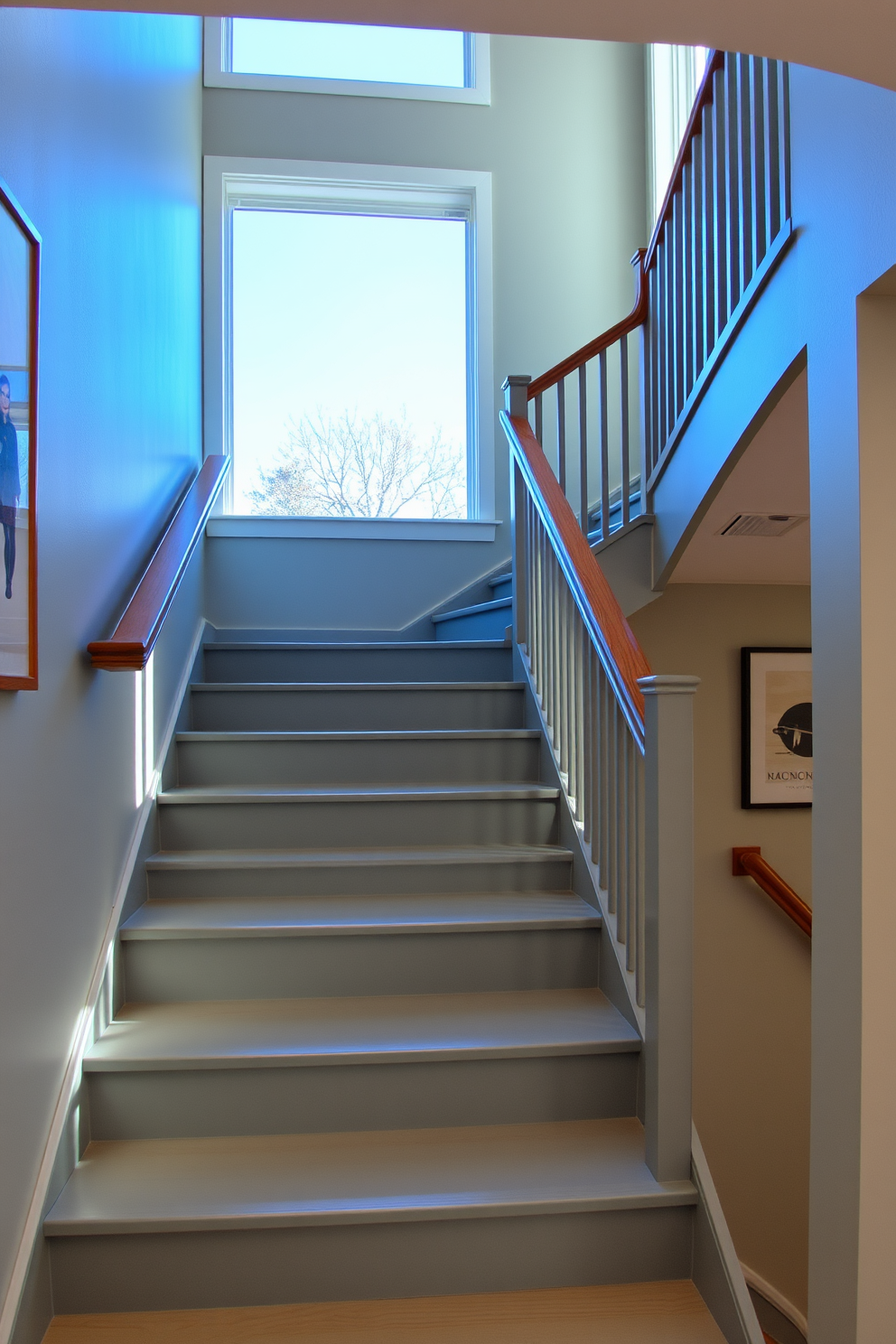 Modern gray wood stairs with sleek glass panels create an elegant and contemporary focal point in any home. The minimalist design emphasizes clean lines and a seamless flow between levels, enhancing the overall aesthetic of the space. Incorporating ambient lighting beneath the stair treads adds a warm glow, making the staircase a stunning feature at night. The combination of gray wood and glass not only maximizes natural light but also provides a sense of openness and sophistication.