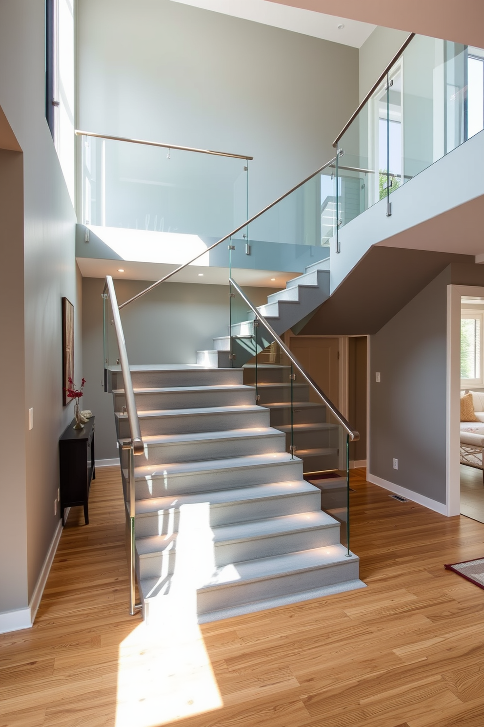 A sleek gray staircase with an open concept design features smooth, minimalist lines that seamlessly connect the upper and lower levels of the home. The staircase is complemented by glass railings that enhance the airy feel of the space while allowing natural light to flow through. The steps are made of polished gray concrete, providing a modern touch that contrasts beautifully with the warm wooden flooring surrounding it. Soft LED lighting is integrated into the staircase, highlighting its elegant form and creating a welcoming ambiance in the entryway.