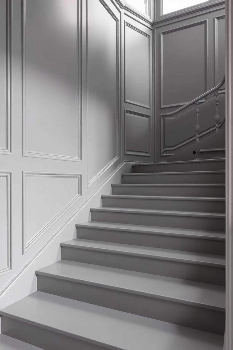 A stunning gray staircase with elegant decorative wall paneling that adds depth and character to the space. The staircase features sleek gray steps and a stylish handrail that complements the overall design aesthetic.