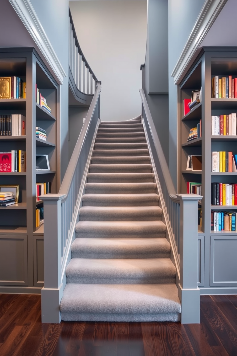 A stunning gray staircase with sleek built-in bookshelves flanking both sides. The staircase features a modern design with soft gray carpeting, while the bookshelves are filled with an array of colorful books and decorative items.