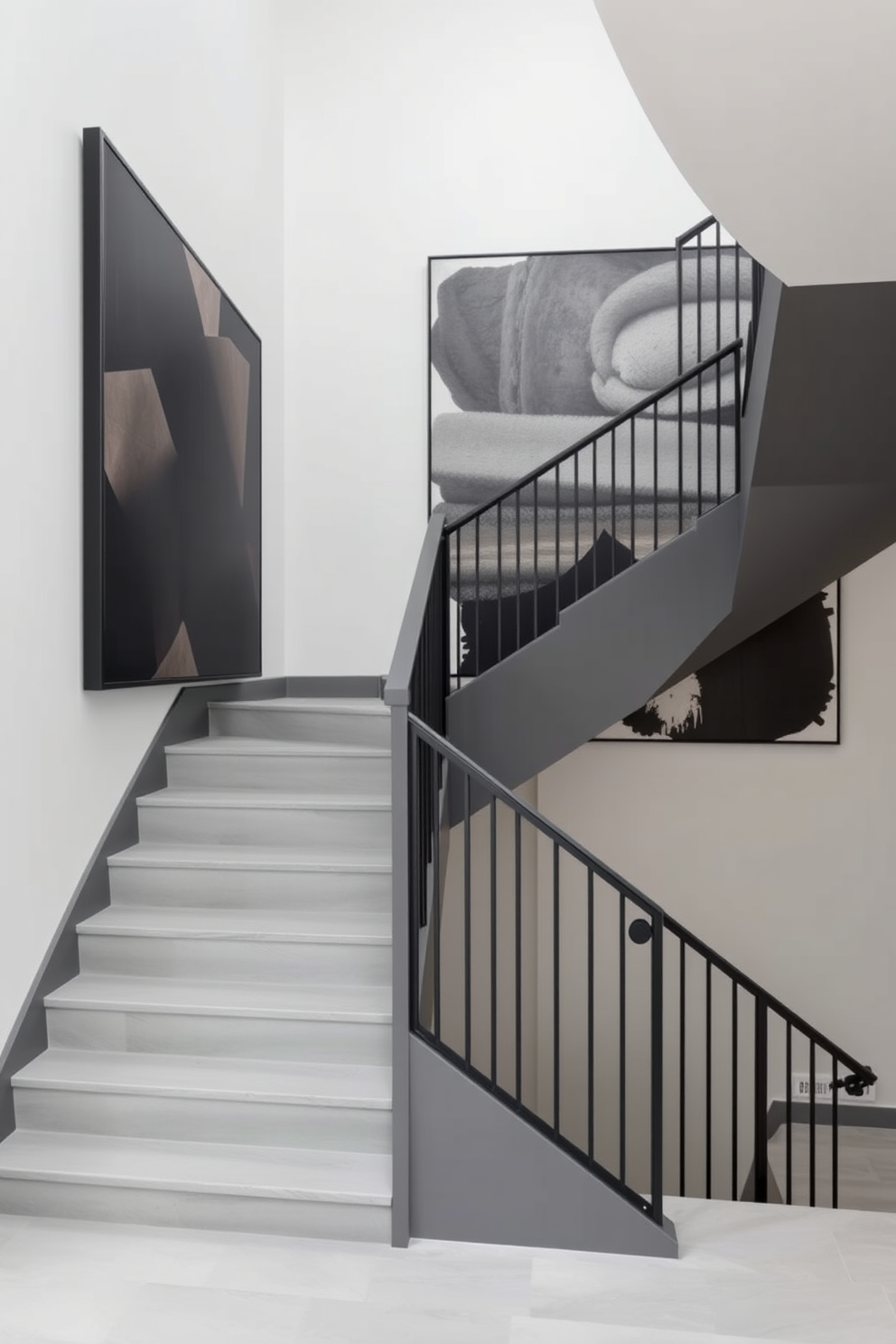 A stylish gray staircase features sleek lines and a modern aesthetic. Oversized artwork adorns the wall beside the staircase, creating a striking visual impact.