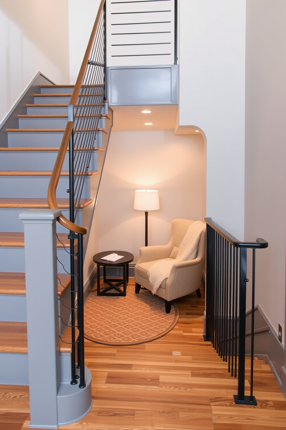 A gray staircase elegantly winds upward, its wooden steps complemented by a sleek metal railing. At the landing, a cozy reading nook features a plush armchair, a small side table, and a soft throw blanket.