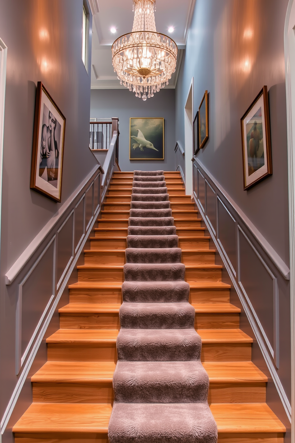 A sophisticated gray staircase features elegant wooden steps with a smooth finish leading to an upper landing. Above the staircase, a stunning crystal chandelier hangs, casting a warm glow and enhancing the overall ambiance. The walls beside the staircase are adorned with tasteful artwork in muted tones, creating a gallery-like effect. Plush gray carpeting runs along the steps, adding a touch of comfort and luxury to the design.