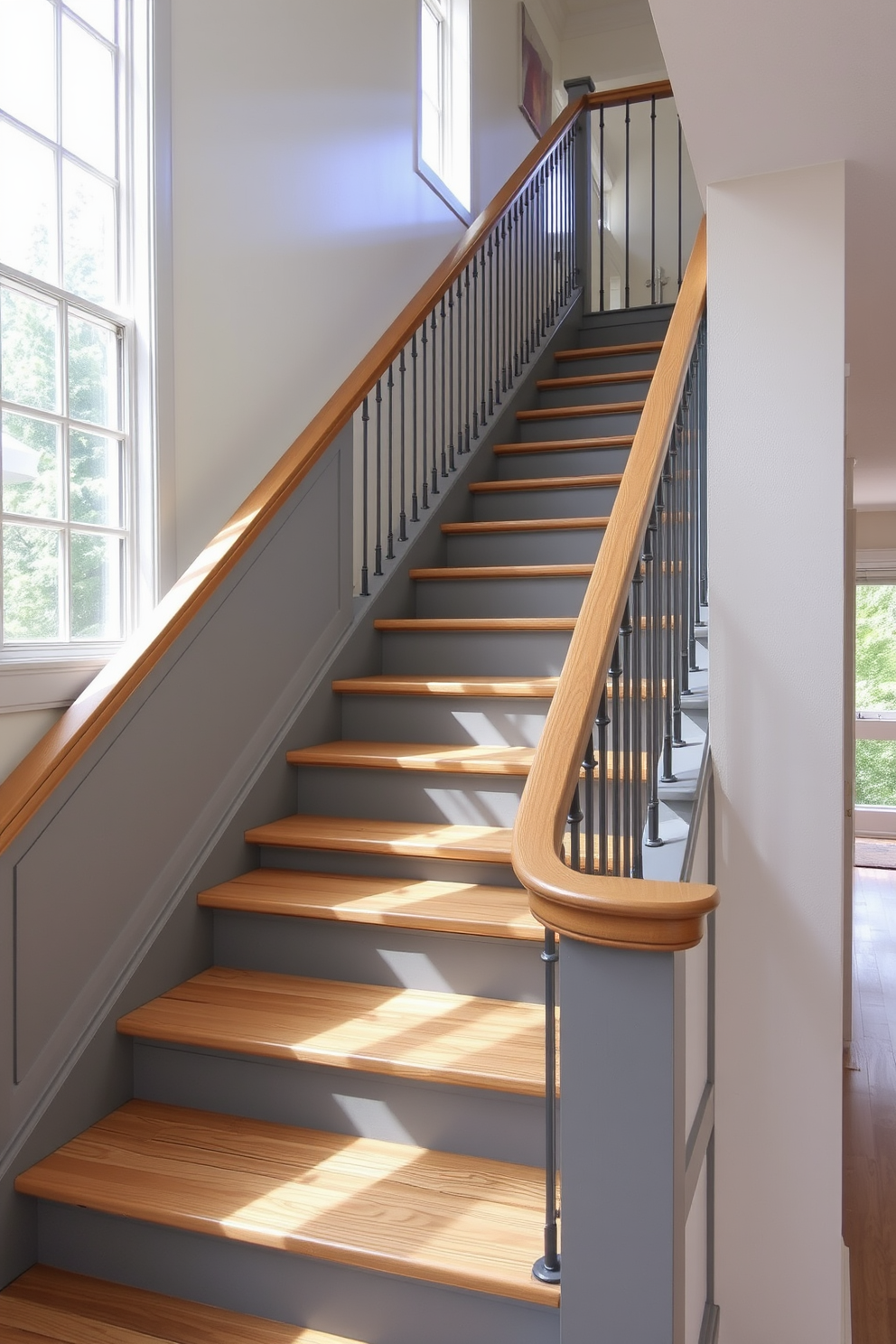 A stunning gray staircase with a natural wood finish gracefully ascends to the upper level. The handrail features elegant metal balusters that enhance the modern aesthetic of the space. Soft natural light filters through a large window, casting gentle shadows on the staircase. The surrounding walls are painted in a complementary light hue, creating a harmonious and inviting atmosphere.