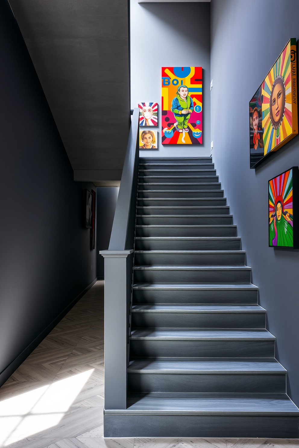 Artistic gray staircase with colorful accents. The staircase features a sleek gray finish with vibrant art pieces displayed along the walls, creating a striking visual contrast.