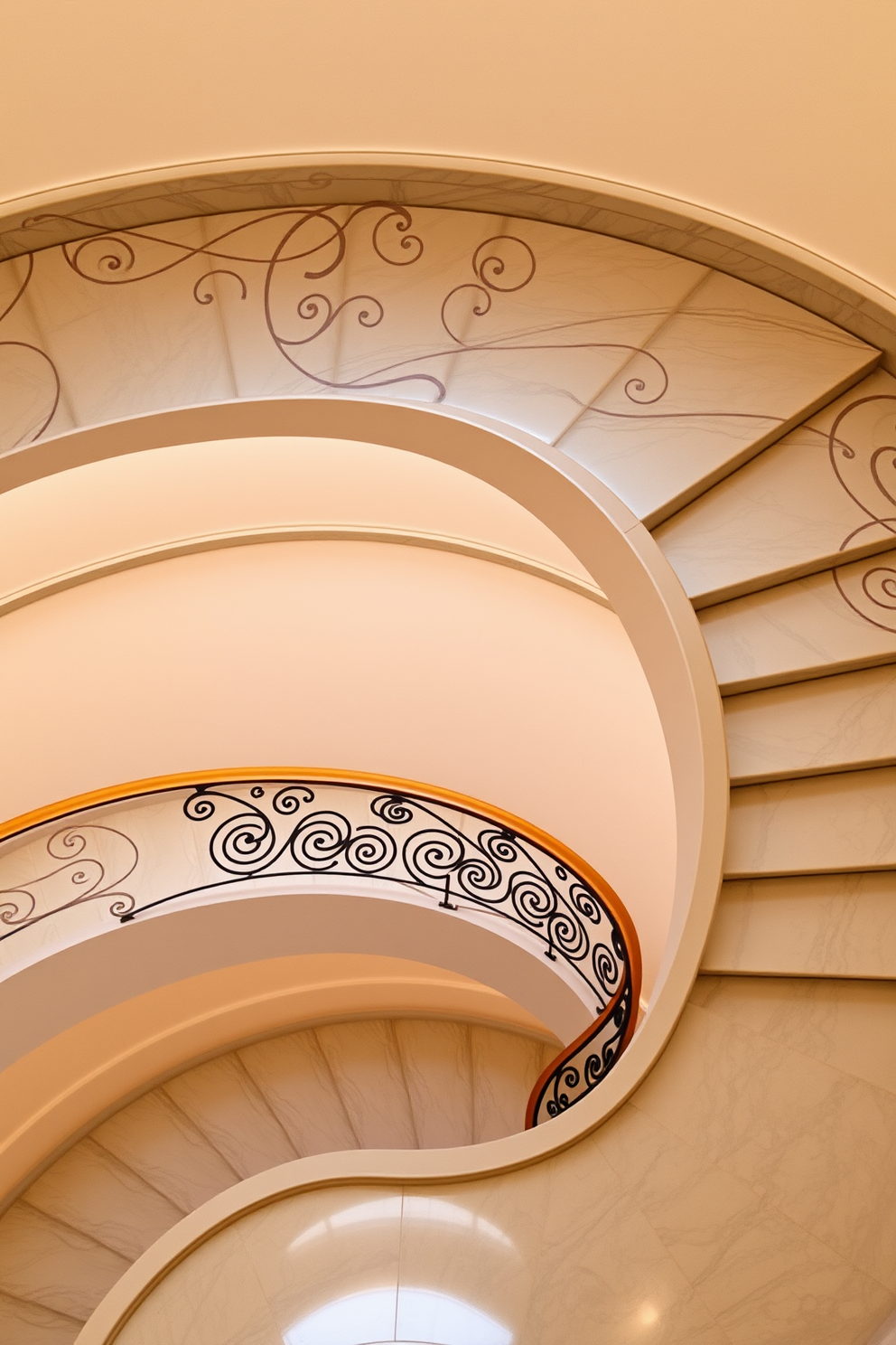 Curved gray marble staircase with an elegant railing that gracefully sweeps downwards. The staircase is illuminated by soft, warm lighting that highlights the smooth texture of the marble and the intricate design of the railing.