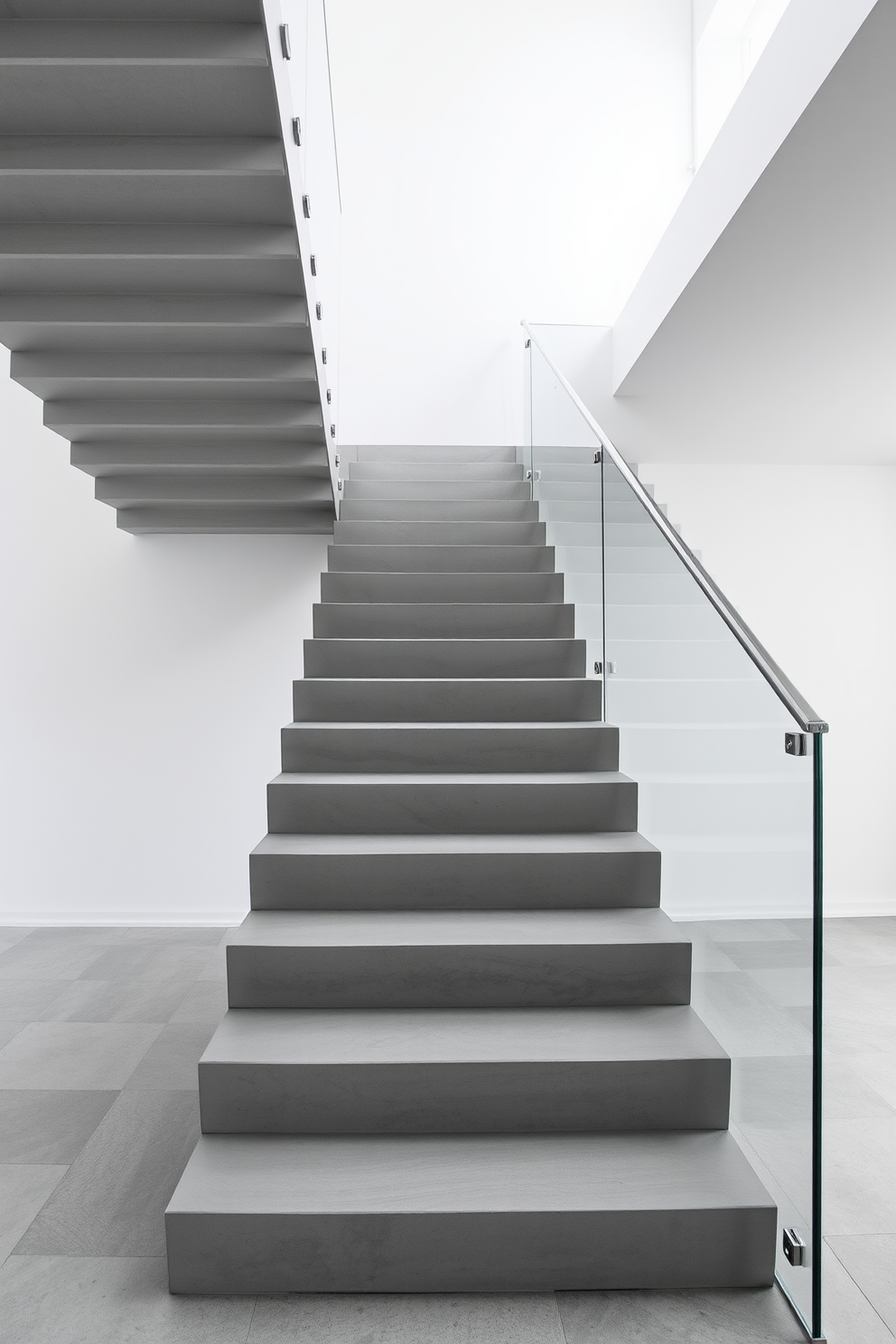 A sleek gray staircase with a minimalist design featuring clean lines and a floating structure. The steps are made of polished concrete, complemented by a glass railing that enhances the open feel of the space.