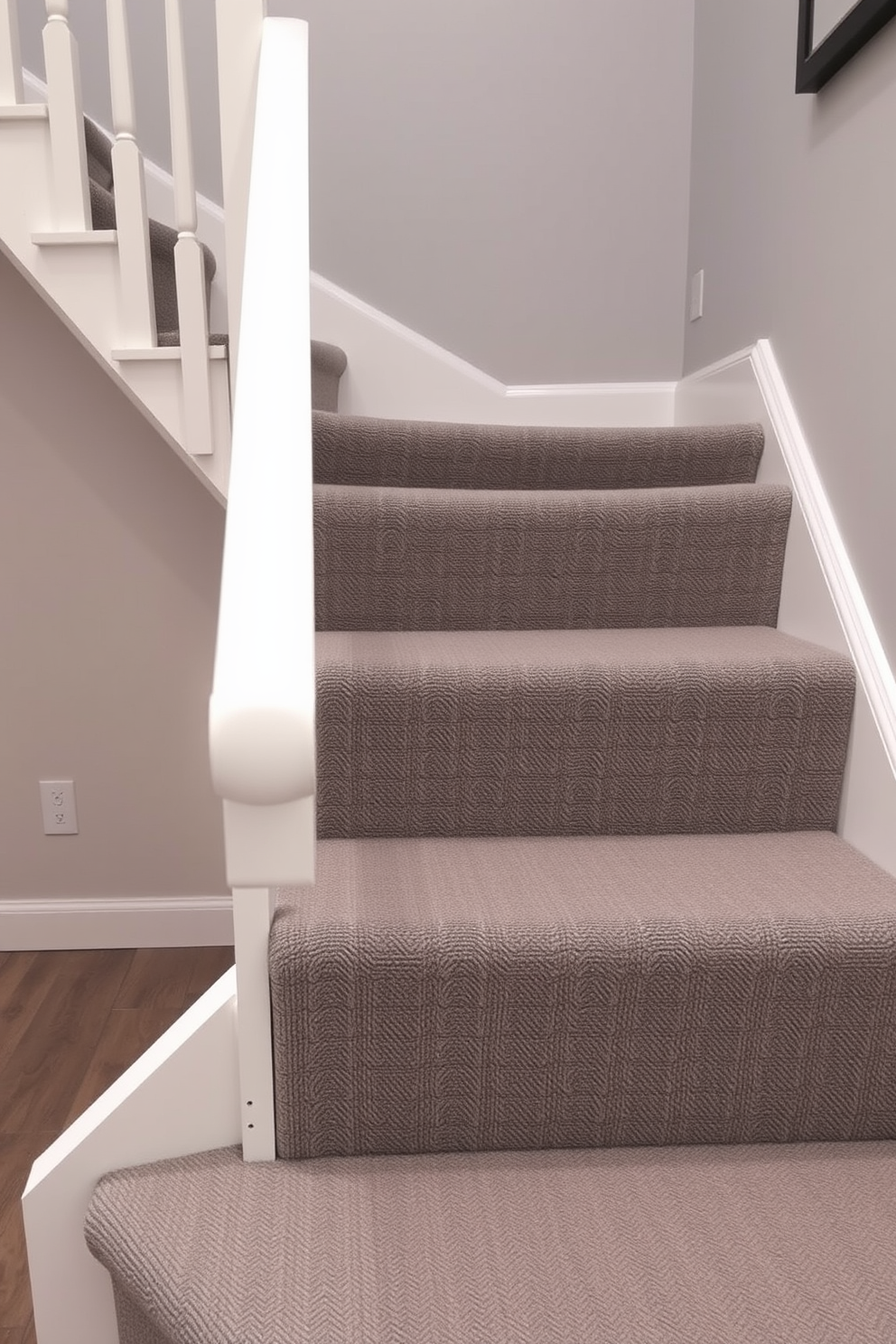 Floating gray stairs with open risers create a striking focal point in any modern home. The sleek design emphasizes the spaciousness of the area while allowing light to flow freely beneath each step. The stairs are complemented by a minimalist railing that enhances the contemporary aesthetic. Surrounding walls are painted in a soft white to provide contrast and highlight the elegant lines of the staircase.