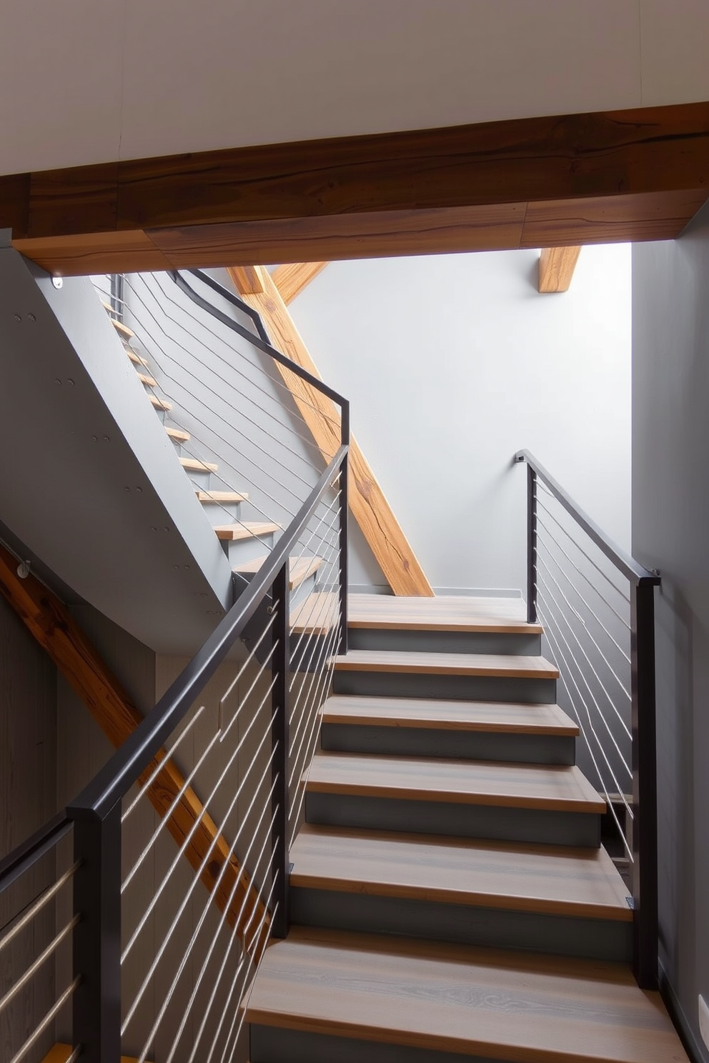 An industrial style gray staircase features exposed wooden beams that add character and charm. The staircase is complemented by sleek metal railings, enhancing the modern aesthetic while maintaining functionality.