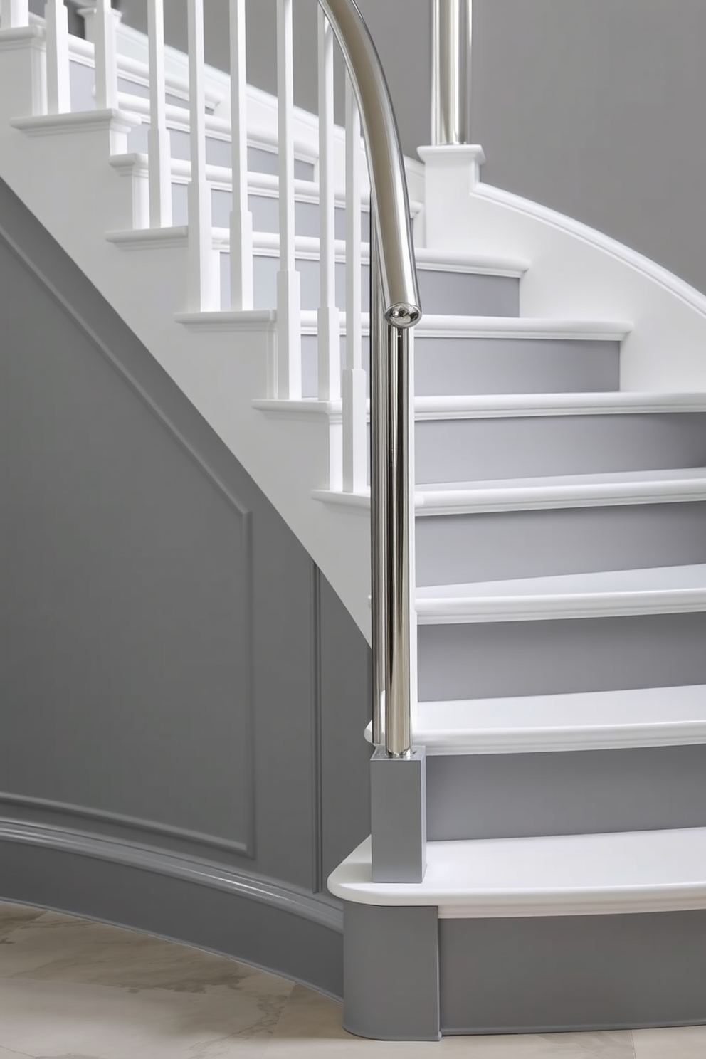 A stunning two-tone staircase featuring a sleek gray base with crisp white risers. The handrail is a polished chrome, adding a modern touch to the elegant design.