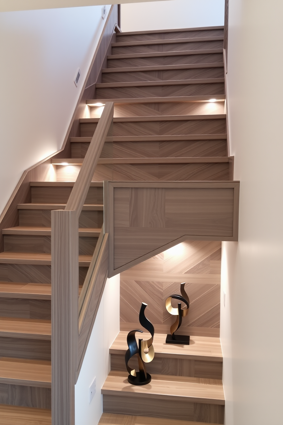 A stunning gray wood staircase features a geometric pattern that adds a modern touch to the space. The handrail is sleek and minimalist, complementing the overall design aesthetic. The staircase is illuminated by soft recessed lighting that highlights the unique geometric shapes. Below the staircase, a small decorative nook showcases a potted plant and an abstract sculpture for added visual interest.