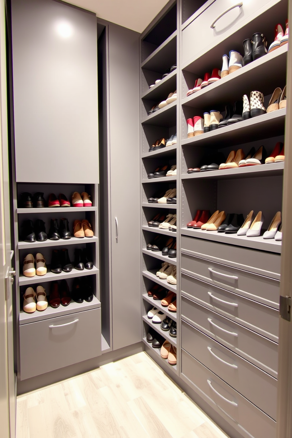 A spacious walk-in closet features sleek gray shelving units that provide ample storage for shoes. The design incorporates a combination of open and closed shelving, allowing for organized display and easy access to footwear.