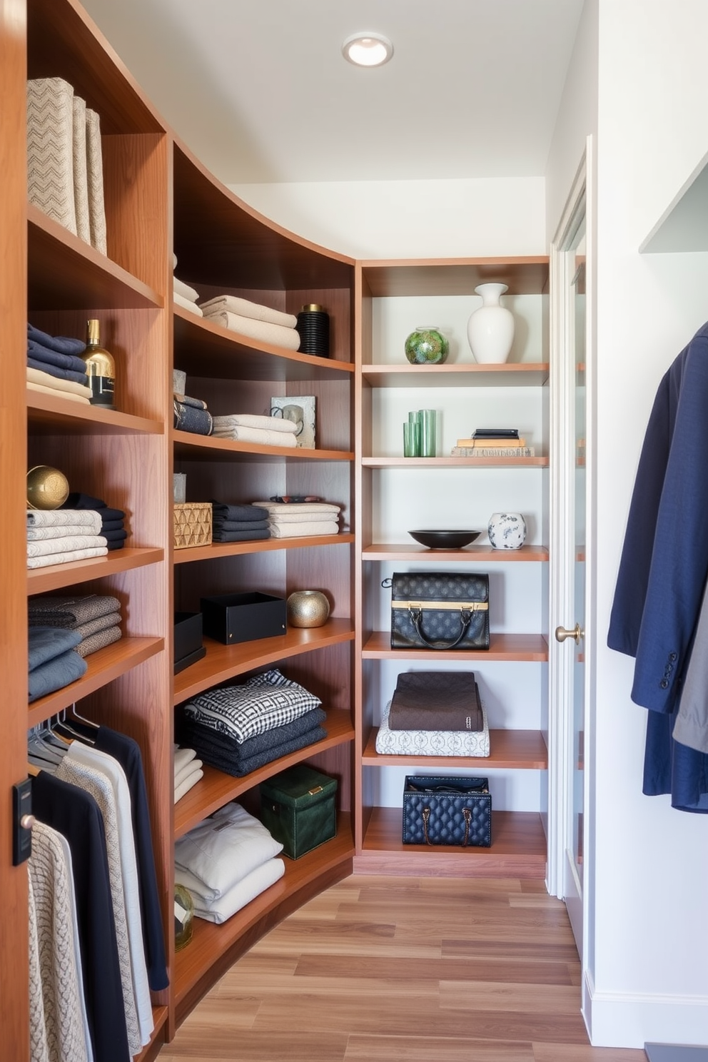 A stylish walk-in closet featuring open shelving for decorative display. The shelves are lined with curated accessories and neatly folded garments, creating an organized yet inviting atmosphere.