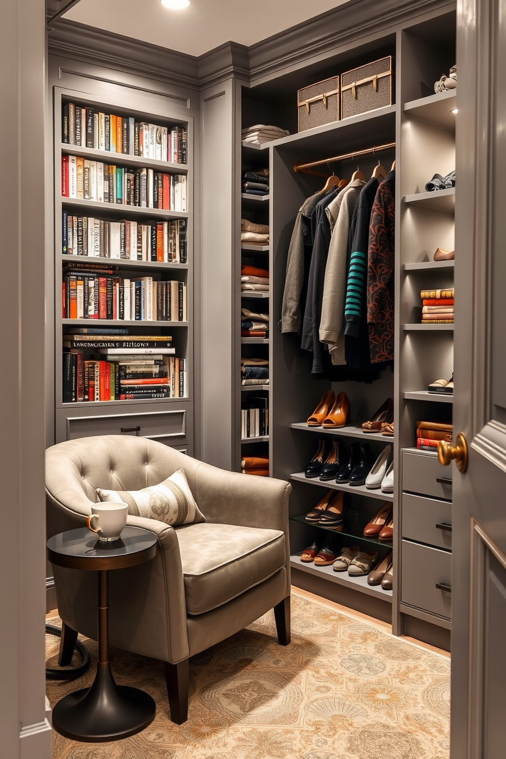 Cozy reading nook in the corner. A plush armchair upholstered in soft fabric is positioned next to a tall bookshelf filled with books, while a small side table holds a steaming cup of tea. Gray walk-in-closet design ideas. The closet features custom shelving and hanging space, with elegant lighting illuminating the organized rows of shoes and accessories.