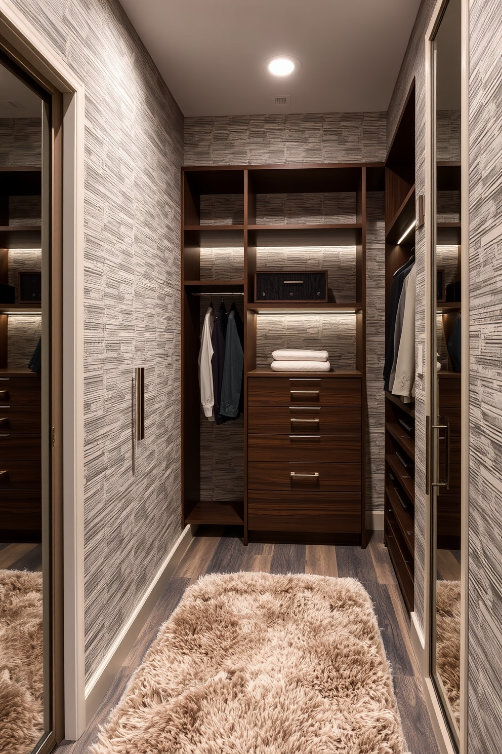 A luxurious walk-in closet featuring textured wallpaper that adds depth and character to the space. The closet is organized with elegant wooden shelving and a plush area rug underfoot, creating a sophisticated atmosphere.