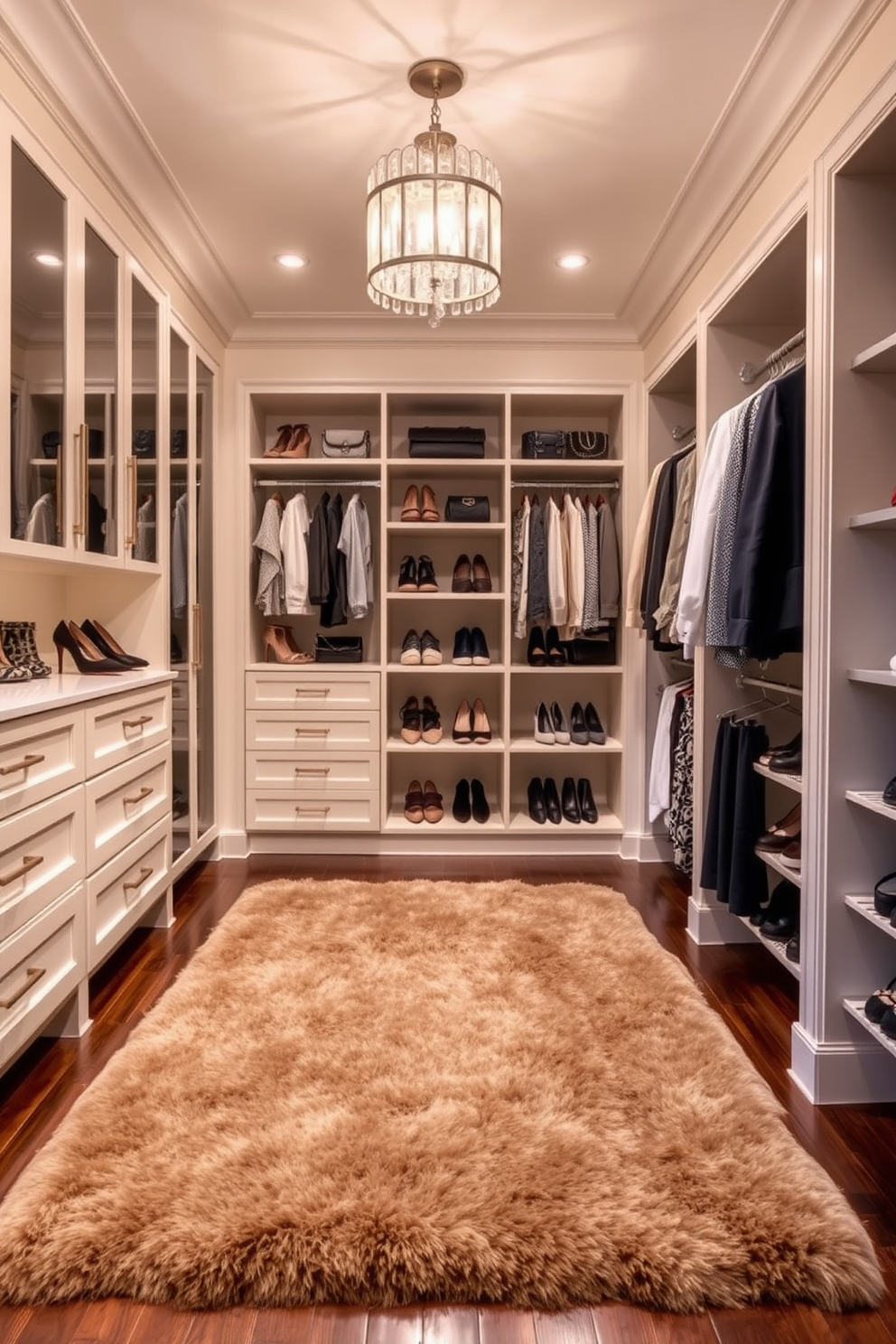 A stylish walk-in closet features a plush area rug that adds warmth and texture to the space. The closet is designed with custom shelving and hanging racks, creating an organized and luxurious environment. The walls are painted in a soft neutral tone, enhancing the overall elegance of the design. Elegant lighting fixtures illuminate the space, highlighting the carefully curated selection of shoes and accessories displayed on the shelves.