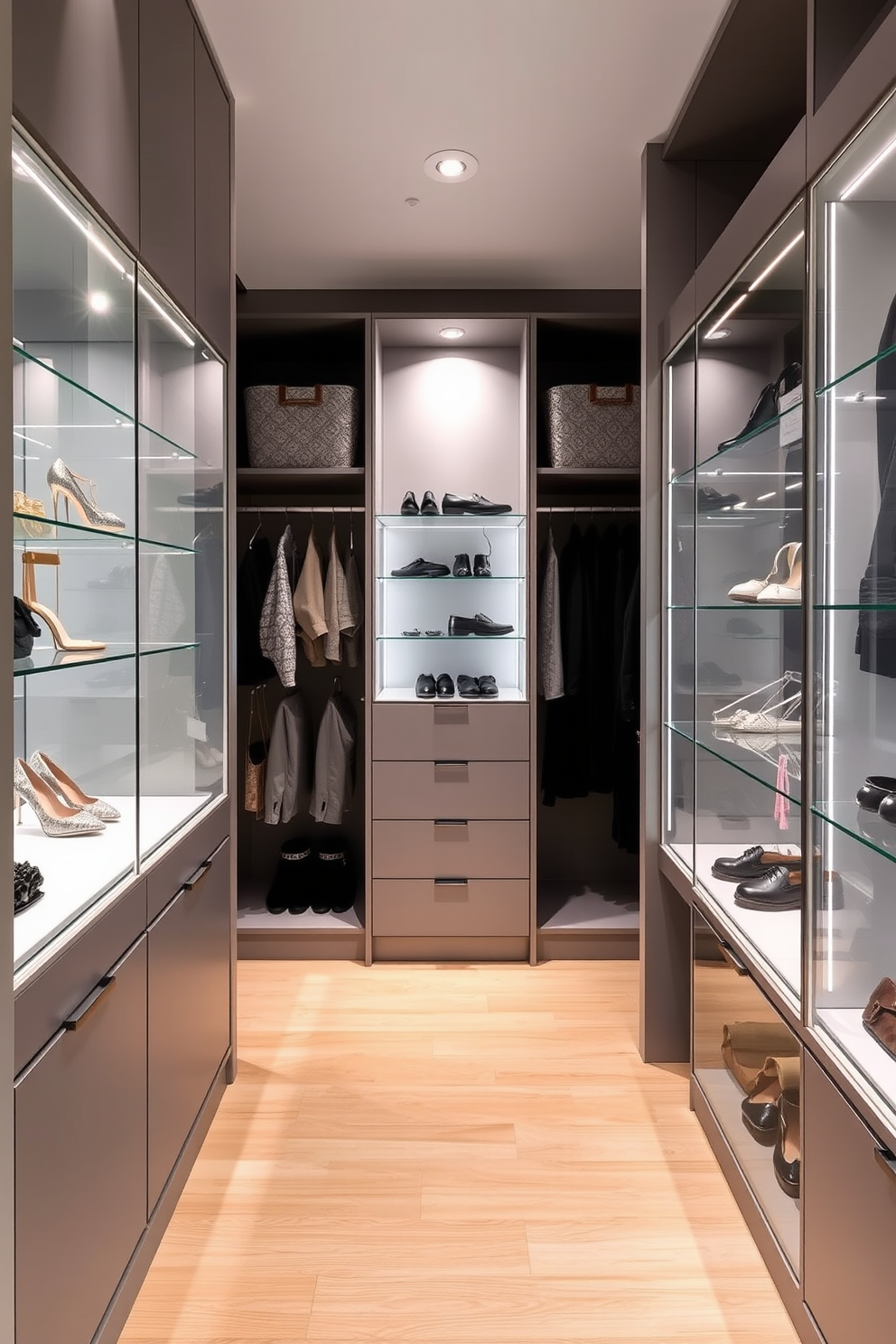 A modern walk-in closet featuring sleek glass display cases for accessories. The walls are painted in a soft gray hue, and the flooring is a polished light wood.