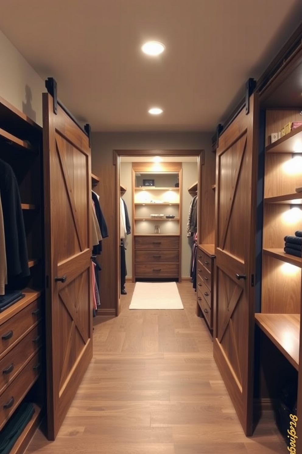 A spacious walk-in closet featuring sliding barn doors that add a rustic charm. The closet is designed with ample shelving and hanging space, complemented by warm wooden accents and soft ambient lighting.