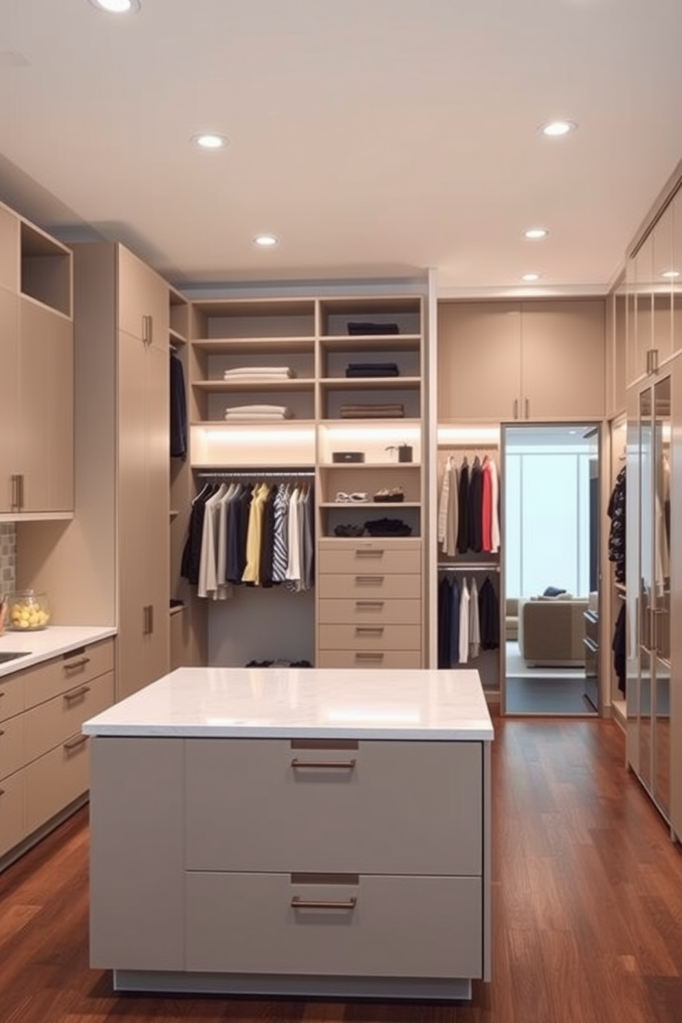 Sleek gray cabinetry lines the walls of a spacious walk-in closet, featuring elegant gold hardware that adds a touch of luxury. The design includes well-organized shelves, hanging rods, and a central island with drawers for accessories, creating an inviting and functional space.