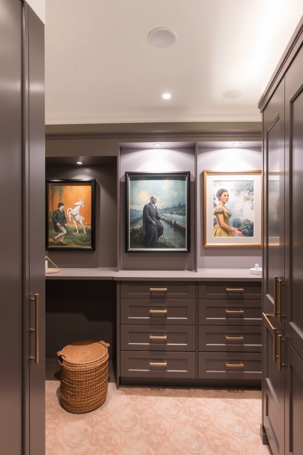 A luxurious walk-in closet features accent lighting strategically placed to highlight a stunning collection of artwork displayed on the walls. The space is designed with sleek gray cabinetry, providing ample storage while maintaining an elegant and modern aesthetic.