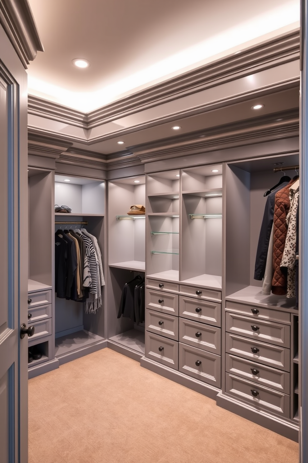 A luxurious walk-in closet featuring elegant crown molding that adds a polished finish to the space. The design includes custom shelving and hanging areas, with soft ambient lighting illuminating the gray color palette.