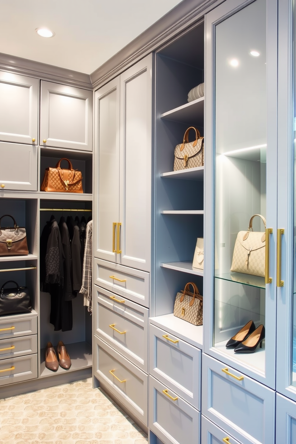 Elegant gray cabinetry with gold accents creates a luxurious atmosphere in the walk-in closet. The spacious layout features a combination of hanging space and shelves, perfectly showcasing designer handbags and shoes.