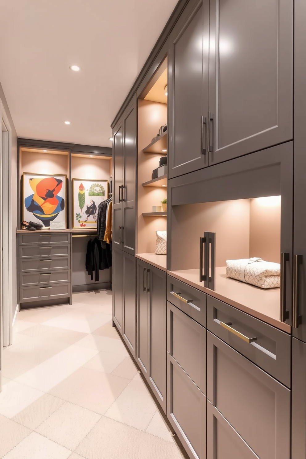 A spacious walk-in closet featuring sleek gray cabinetry and soft ambient lighting. Colorful artwork adorns the walls, adding a vibrant touch to the sophisticated design.