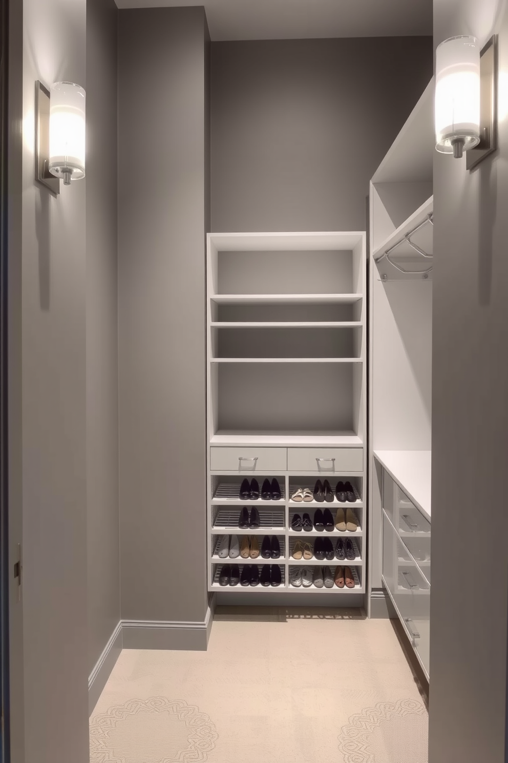 Chic bench with gray cushions situated in a stylish walk-in closet. The walls are lined with elegant shelving, and the floor is covered with a plush area rug that complements the gray tones. Soft lighting illuminates the space, highlighting the organized shoe display and neatly arranged accessories. A full-length mirror stands at one end, enhancing the sense of luxury and spaciousness in the closet.