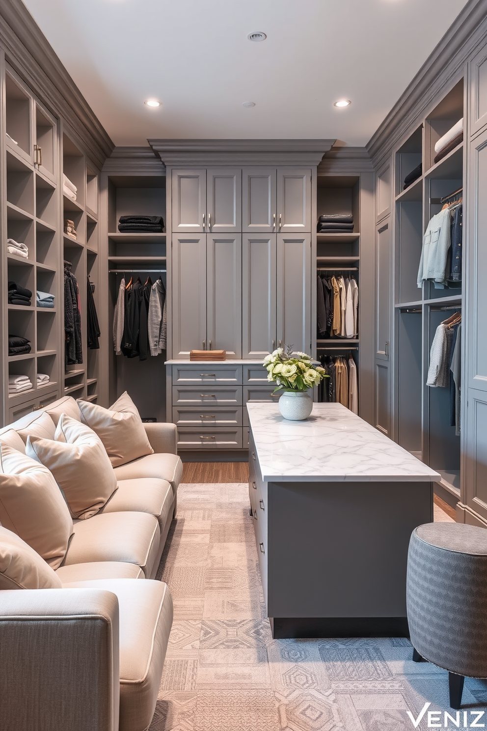 A spacious dual-sided walk-in closet featuring custom shelving and hanging areas for optimal organization. The walls are painted in a soft gray tone, complemented by elegant lighting fixtures that enhance the luxurious atmosphere.