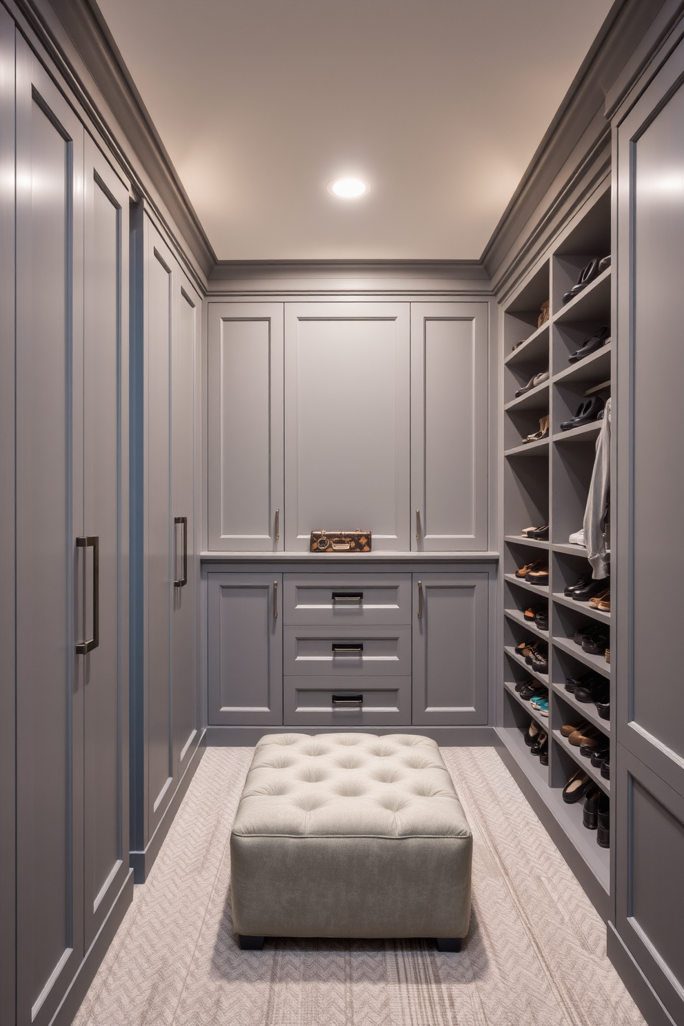 A gray walk-in closet with soft ambient lighting creates a cozy and inviting atmosphere. The space features built-in shelving for shoes and accessories, along with a plush ottoman for comfort.