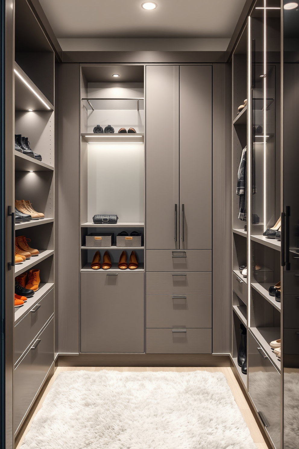 A luxurious walk-in closet featuring soft gray walls and plush carpet. Bright accents come from vibrant storage boxes and a chic ottoman in a bold color. The closet is equipped with elegant shelving and hanging space for clothing, illuminated by stylish pendant lights. A full-length mirror is positioned to enhance the spacious feel and reflect the bright accents throughout the room.