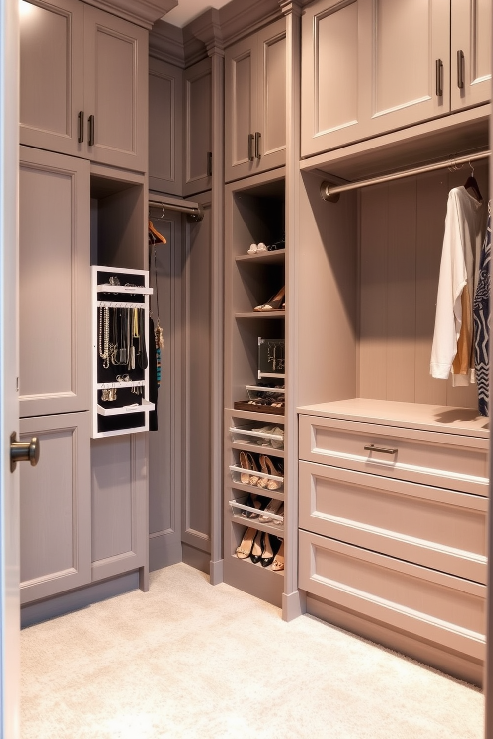 A spacious walk-in closet featuring a built-in jewelry organizer for neatness and easy access. The walls are lined with soft gray cabinetry, and the flooring is a plush carpet in a complementary shade.