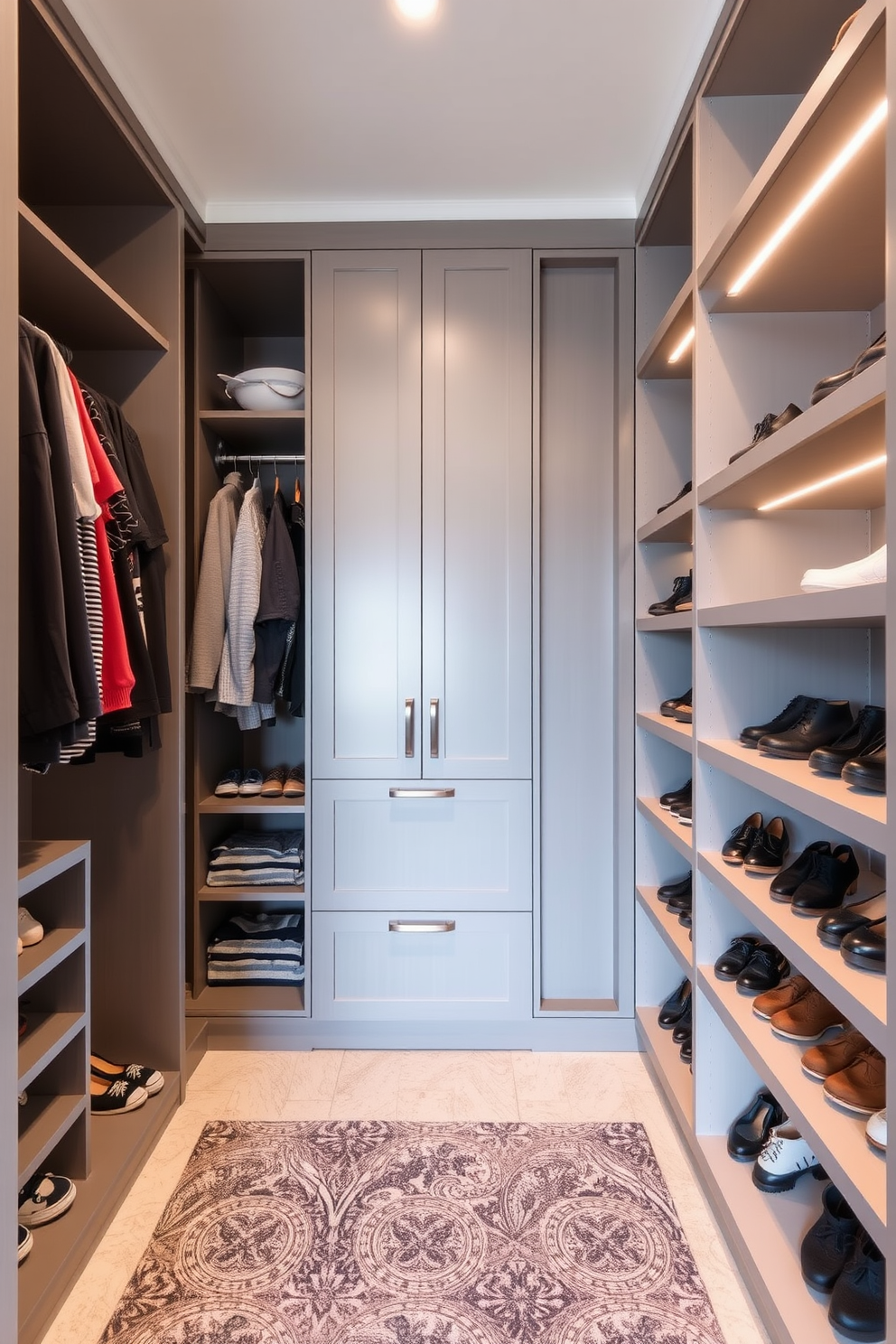 A luxurious gray walk-in closet featuring elegant lighting fixtures that cast a warm glow throughout the space. The walls are adorned with plush gray carpeting, and custom shelving units display a curated selection of designer shoes and accessories.