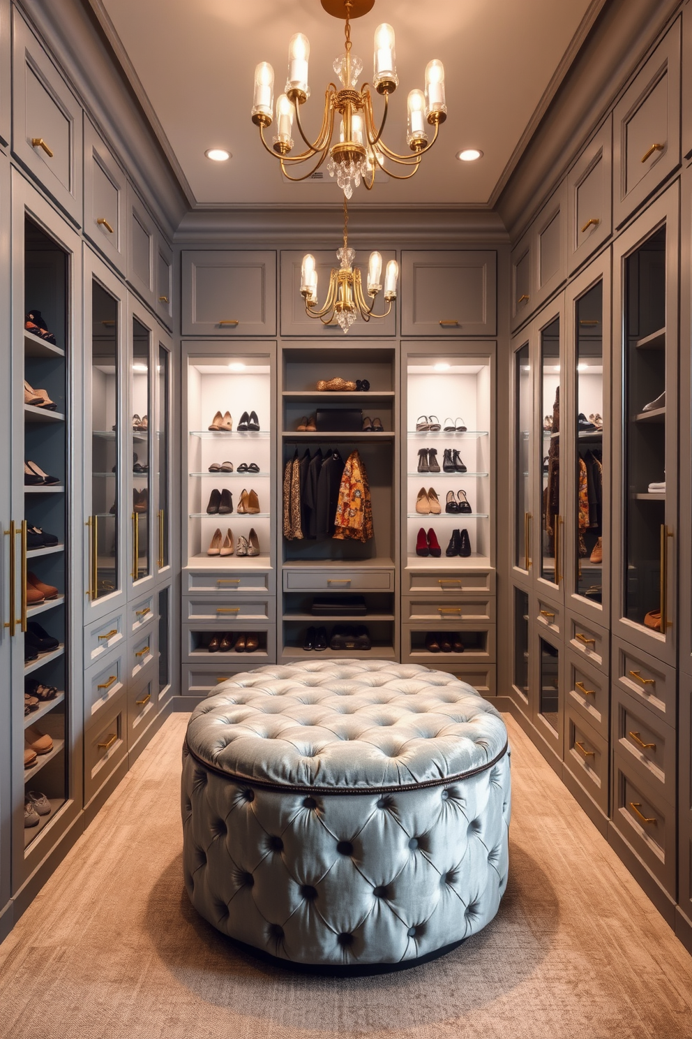 A luxurious walk-in closet featuring a gray and gold color palette. The walls are painted in a soft gray tone, and the cabinetry is adorned with gold hardware for an elegant touch. Spacious shelving units display a curated collection of shoes and accessories, while a plush gray ottoman sits in the center for comfort. Soft lighting fixtures with gold accents illuminate the space, creating a warm and inviting atmosphere.