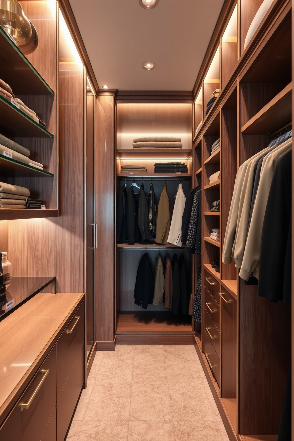 A luxurious walk-in closet featuring personalized name tags for easy identification. The walls are lined with elegant shelving and hanging space, accented by soft lighting that highlights the rich textures of the materials used.