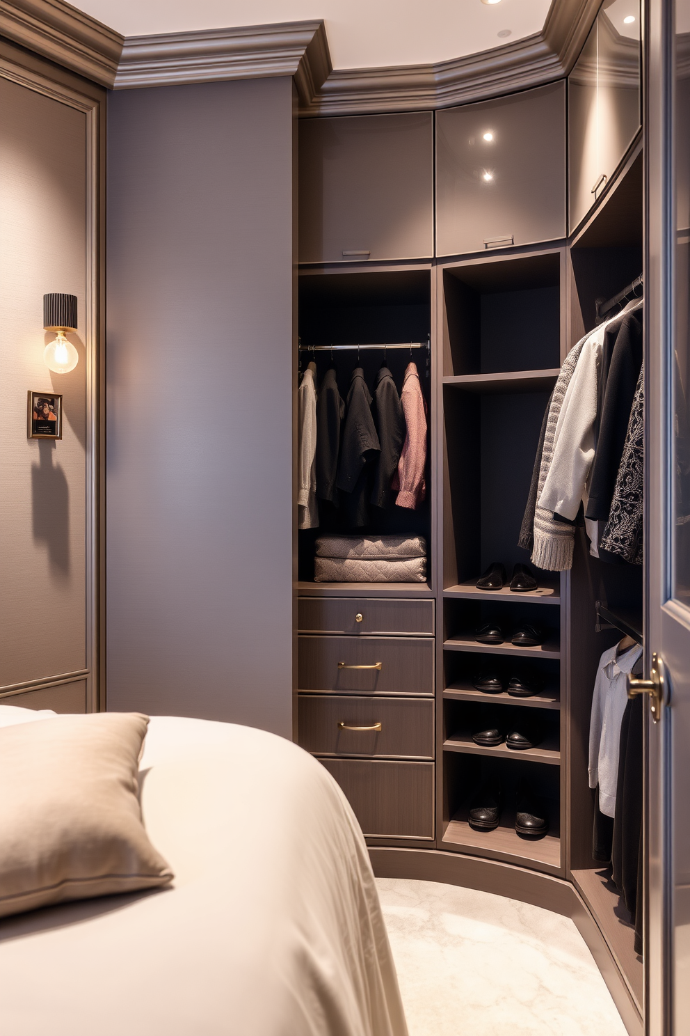 A stylish ladder rests against the wall, providing easy access to high shelving in a spacious walk-in closet. The closet features custom cabinetry with a mix of open and closed storage, while soft lighting highlights the elegant design.