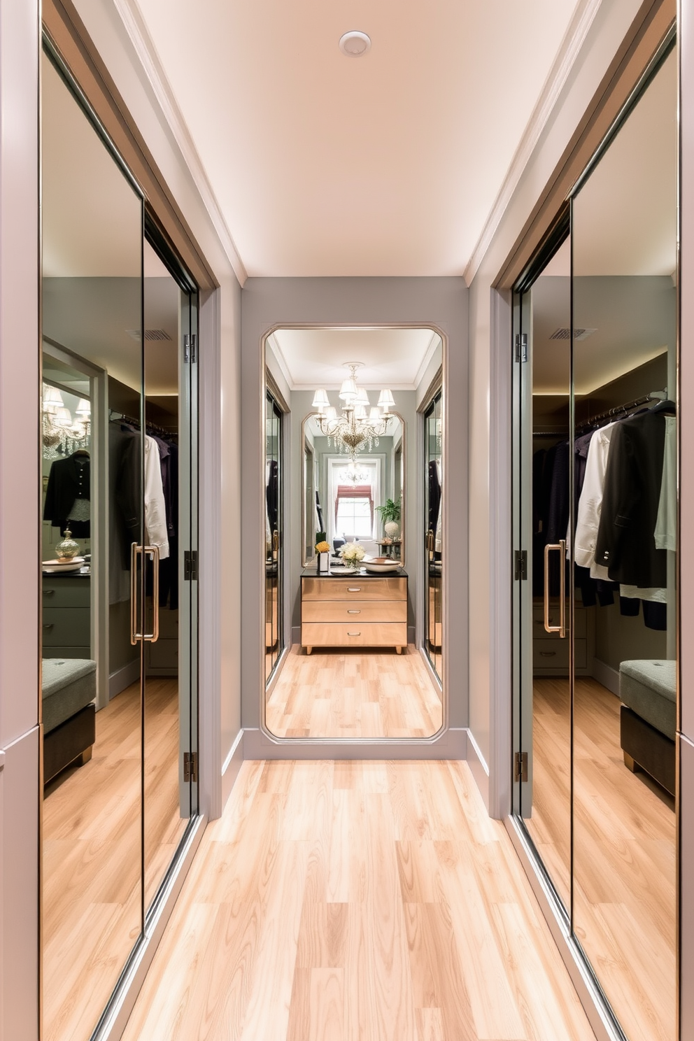 A stylish walk-in closet features mirrored doors that create a spacious illusion and reflect the elegant interior. The walls are painted in a soft gray hue, and the flooring is a light wood that complements the overall design.