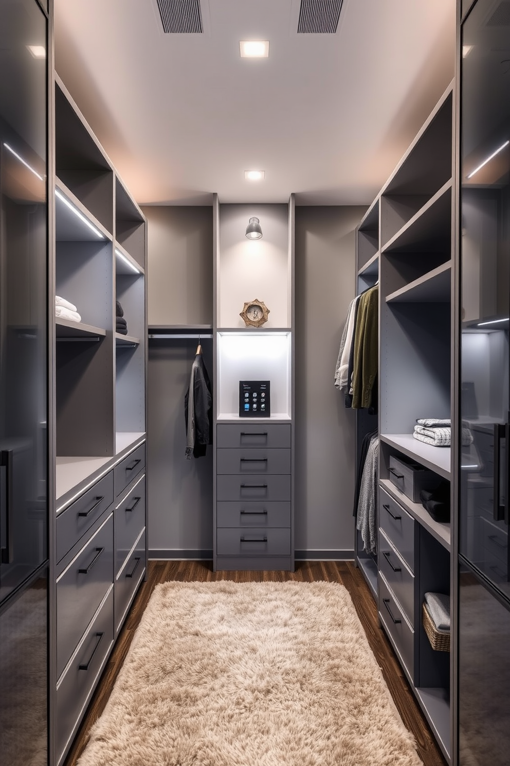 A modern walk-in closet featuring smart technology for organization. The space includes automated shelving that adjusts to the user's preferences, with built-in LED lighting illuminating the gray cabinetry. Soft gray walls create a calming atmosphere, while a plush area rug adds warmth underfoot. The closet is equipped with a touch-screen control panel for managing lighting and climate, enhancing the overall functionality.