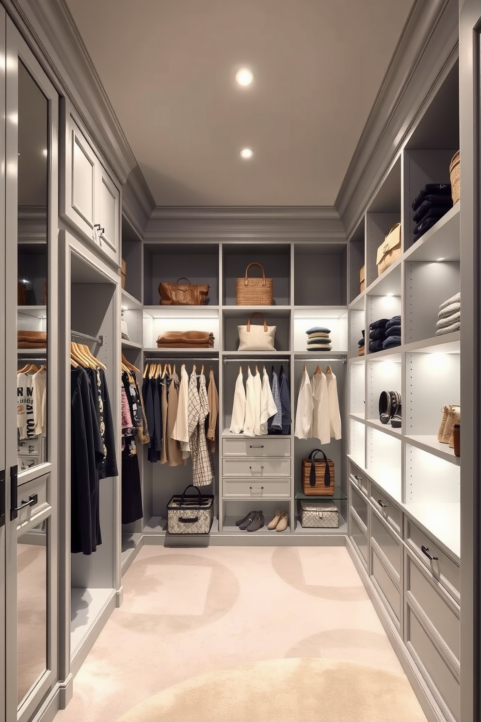 A stylish walk-in closet features custom shelving designed specifically for shoes and bags. The walls are painted in a soft gray hue, creating a serene and organized atmosphere.