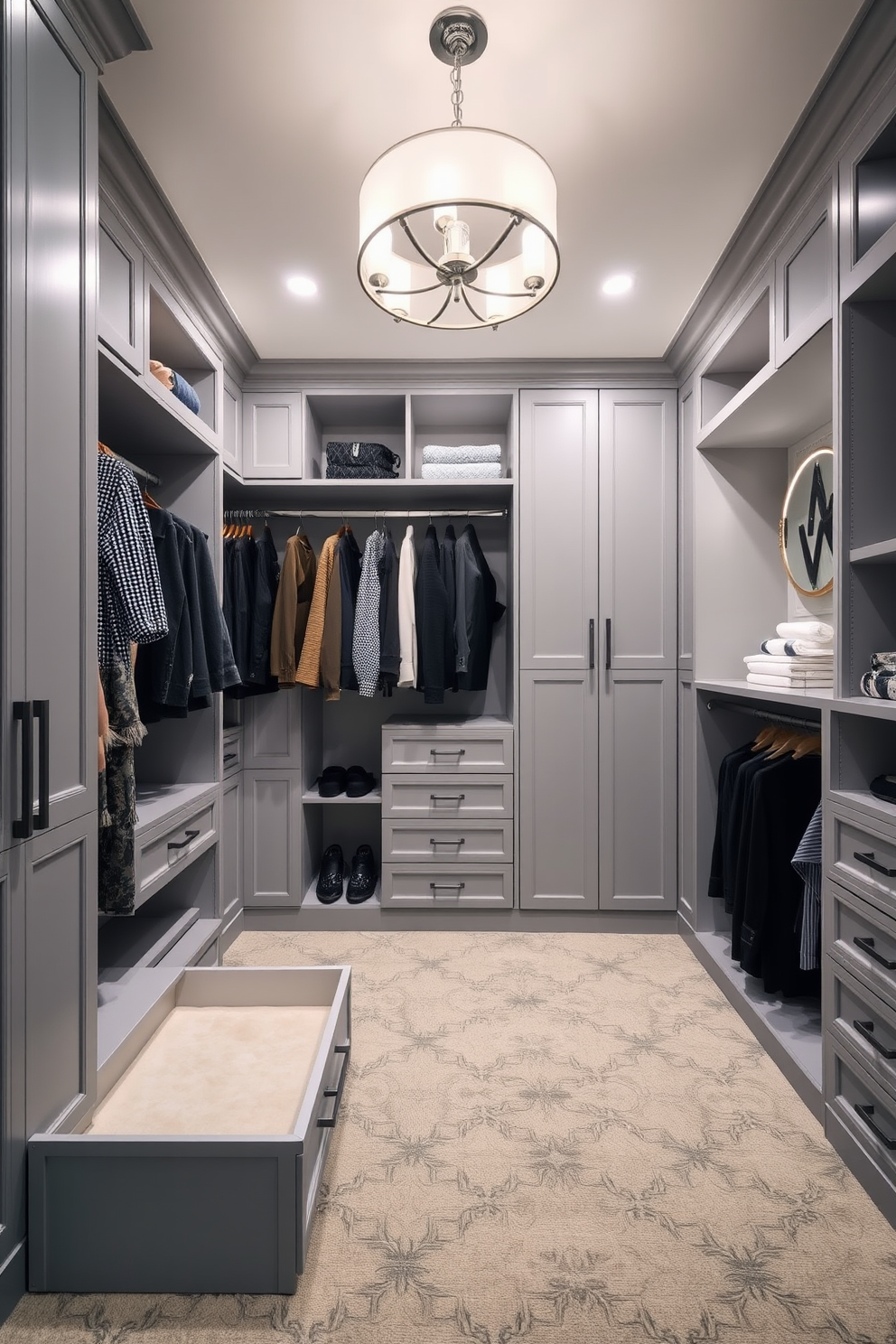 A spacious walk-in closet featuring built-in drawers for easy access to clothing and accessories. The walls are lined with soft gray cabinetry that complements the elegant lighting fixtures above.