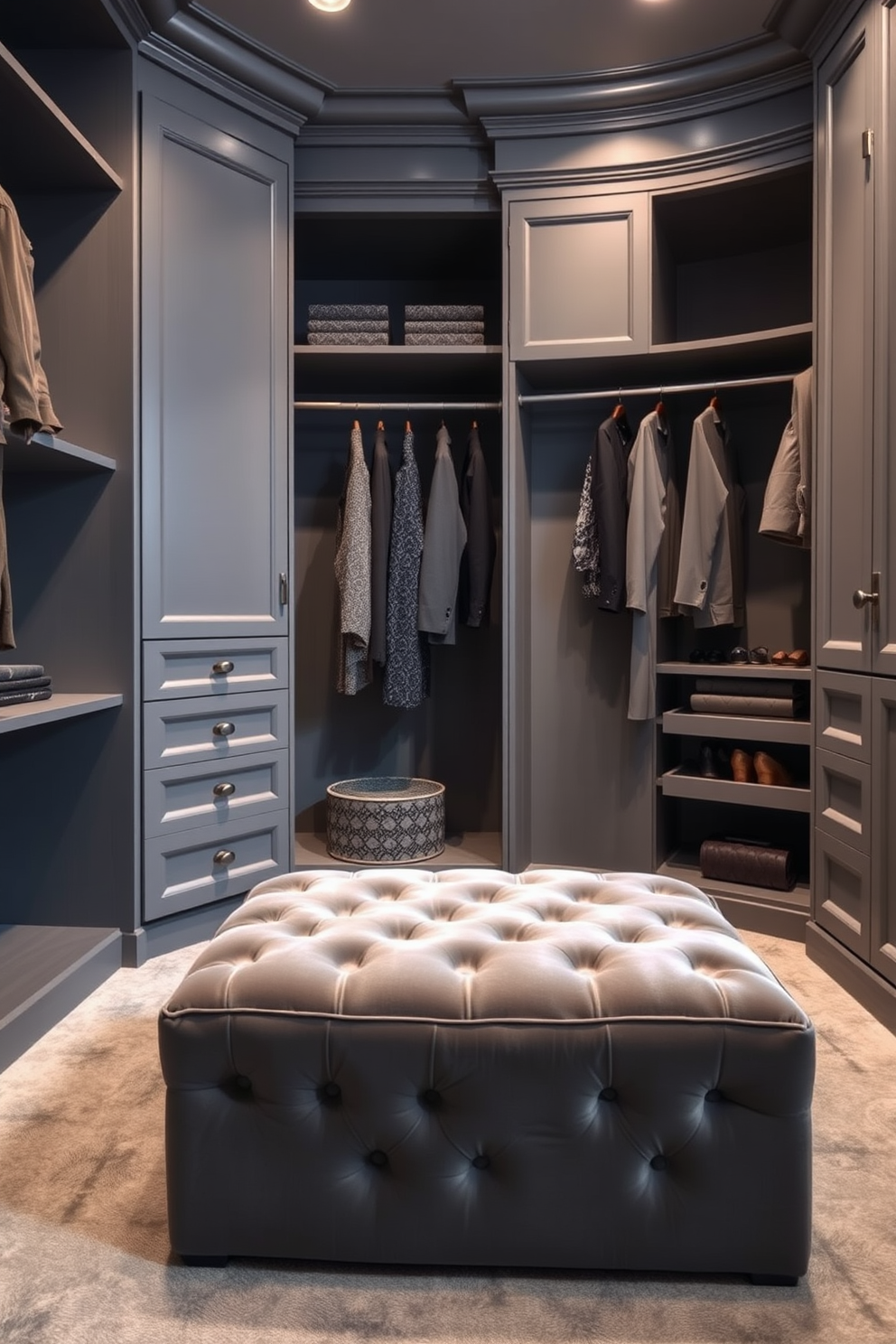 A luxurious velvet ottoman serves as a plush seating option in a stylish gray walk-in closet. The closet features custom shelving and hanging space, with soft ambient lighting that highlights the rich textures of the velvet and the elegant gray tones throughout the design.