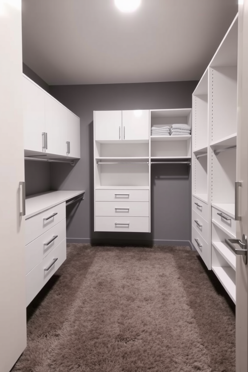 A contemporary walk-in closet featuring a two-tone gray and white color scheme. The walls are painted a soft gray while the cabinetry is a crisp white, providing a striking contrast. The closet is organized with sleek shelving units and hanging rods, maximizing storage space. A plush gray carpet covers the floor, adding warmth and comfort to the space.